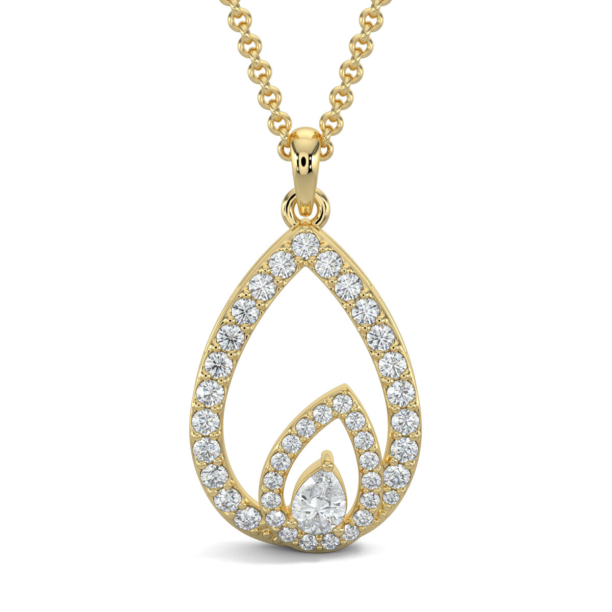 Yellow Gold, Diamond Pendant, Natural Diamonds, Lab-grown Diamonds, pear-shaped pendant, round diamonds, hollow pendant, pear diamond, earrings, sophisticated jewelry