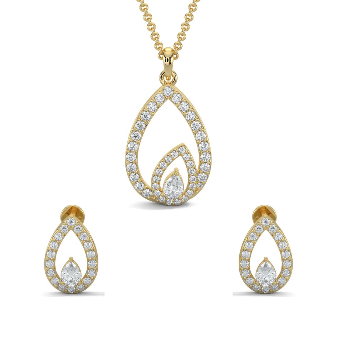 Yellow Gold, Diamond Pendant, Natural Diamonds, Lab-grown Diamonds, pear-shaped pendant, round diamonds, hollow pendant, pear diamond, earrings, sophisticated jewelry