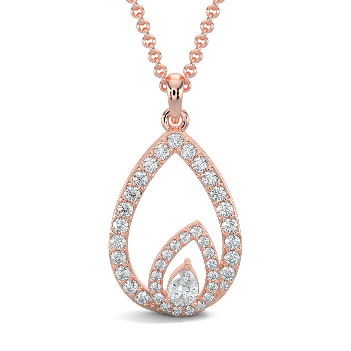 Rose Gold, Diamond Pendant, Natural Diamonds, Lab-grown Diamonds, pear-shaped pendant, round diamonds, hollow pendant, pear diamond, earrings, sophisticated jewelry