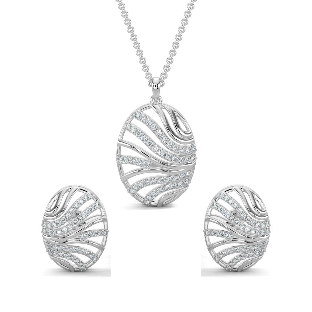 White Gold, Diamond Pendant, Natural Diamonds, Lab-grown Diamonds, Oceanic Charm Pendant Set, Casual Diamond Pendant Set, Oval Pendant and Earrings, Octopus Inspired Design, Metal and Diamond Lines, Everyday Jewelry, Fashion Accessories
