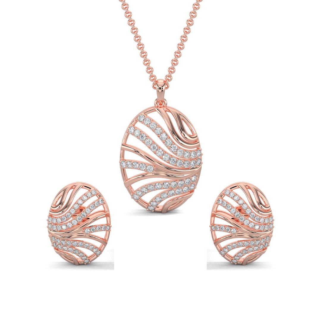 Rose Gold, Diamond Pendant, Natural Diamonds, Lab-grown Diamonds, Oceanic Charm Pendant Set, Casual Diamond Pendant Set, Oval Pendant and Earrings, Octopus Inspired Design, Metal and Diamond Lines, Everyday Jewelry, Fashion Accessories