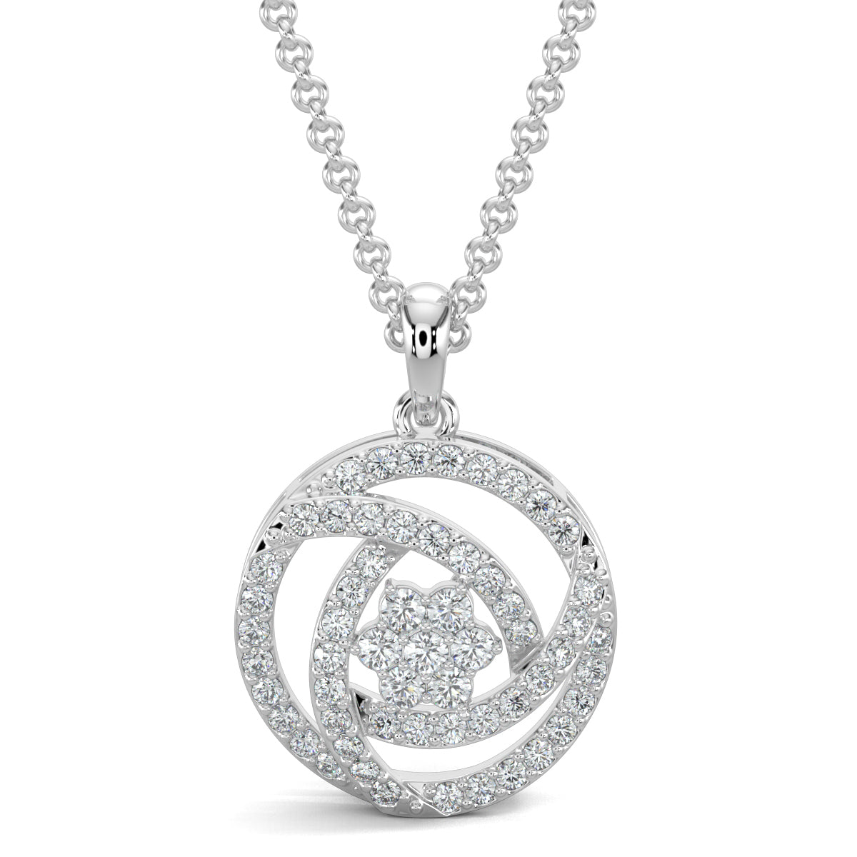 White Gold, Diamond Pendant, Natural Diamonds, Lab-grown Diamonds, Trinity Bloom pendant set, circular pendant, round diamonds, interconnected lines, triangle design, flower pendant, matching earrings