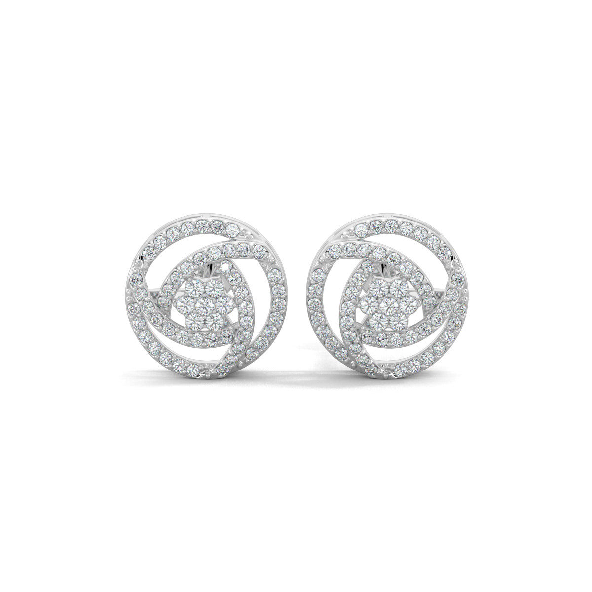 White Gold, Diamond Pendant, Natural Diamonds, Lab-grown Diamonds, Trinity Bloom pendant set, circular pendant, round diamonds, interconnected lines, triangle design, flower pendant, matching earrings