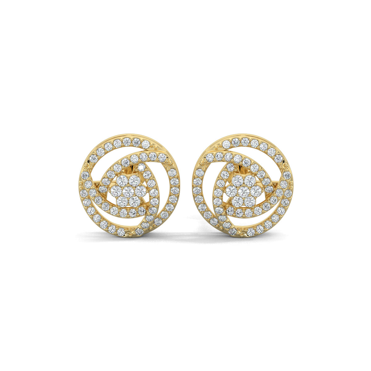 Yellow Gold, Diamond Pendant, Natural Diamonds, Lab-grown Diamonds, Trinity Bloom pendant set, circular pendant, round diamonds, interconnected lines, triangle design, flower pendant, matching earrings