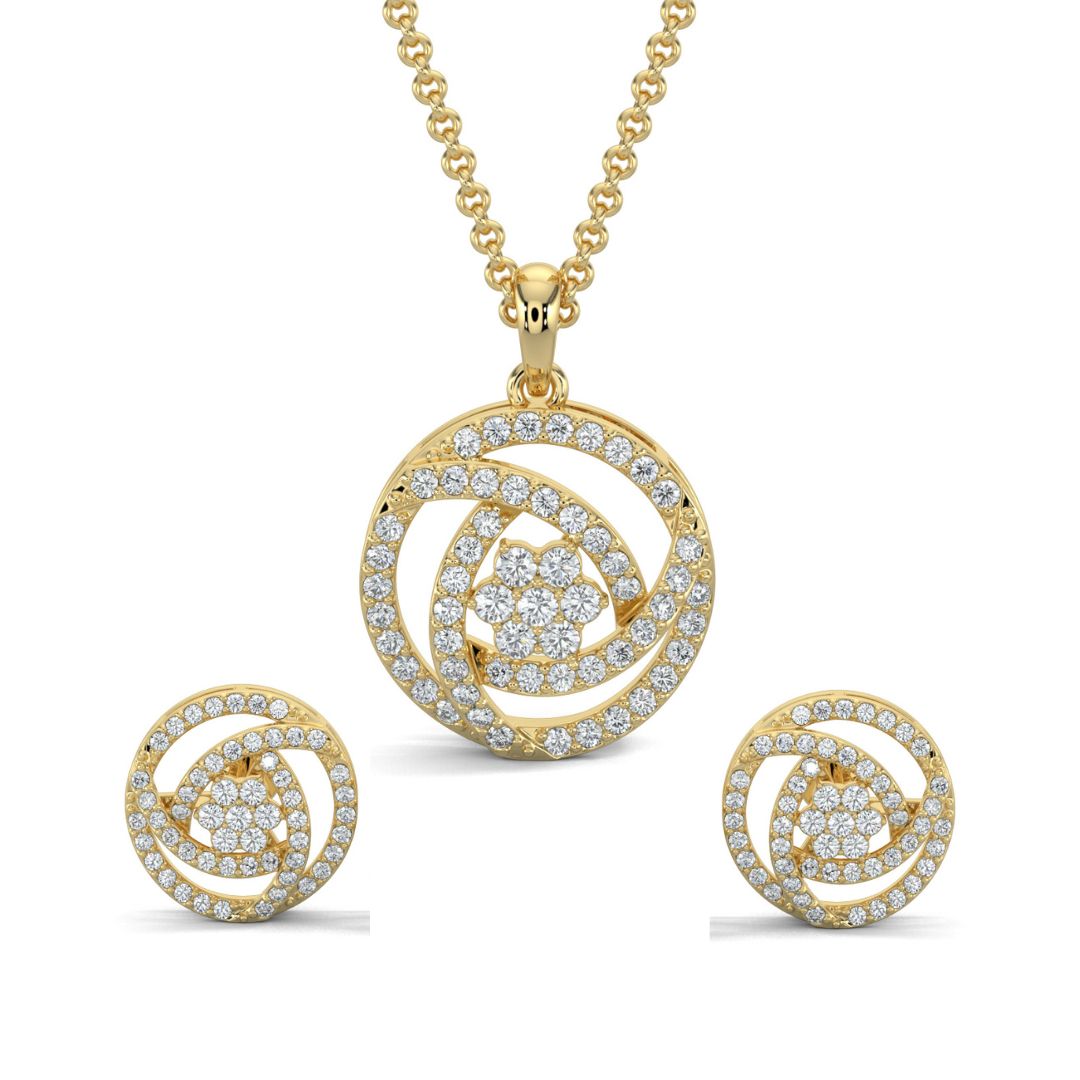 Yellow Gold, Diamond Pendant, Natural Diamonds, Lab-grown Diamonds, Trinity Bloom pendant set, circular pendant, round diamonds, interconnected lines, triangle design, flower pendant, matching earrings