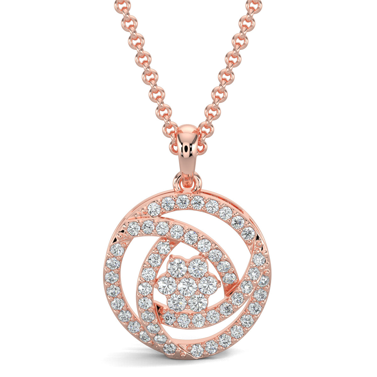 Rose Gold, Diamond Pendant, Natural Diamonds, Lab-grown Diamonds, Trinity Bloom pendant set, circular pendant, round diamonds, interconnected lines, triangle design, flower pendant, matching earrings