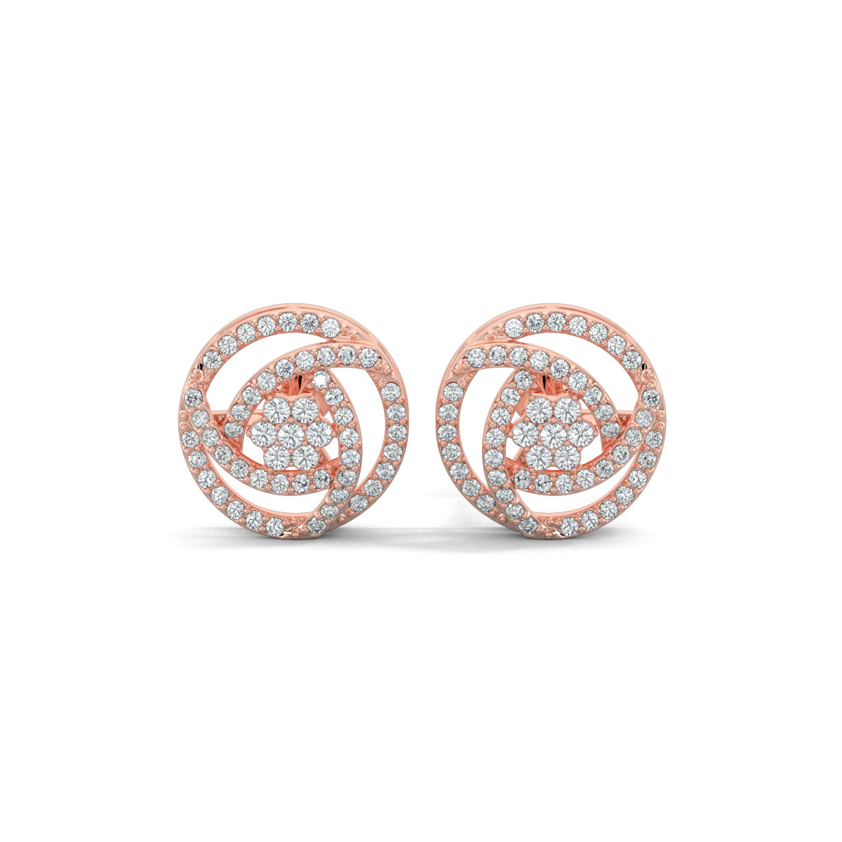 Rose Gold, Diamond Pendant, Natural Diamonds, Lab-grown Diamonds, Trinity Bloom pendant set, circular pendant, round diamonds, interconnected lines, triangle design, flower pendant, matching earrings
