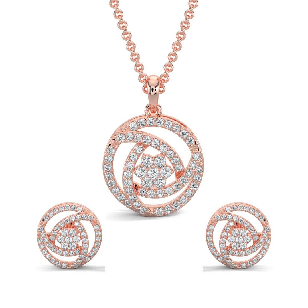 Rose Gold, Diamond Pendant, Natural Diamonds, Lab-grown Diamonds, Trinity Bloom pendant set, circular pendant, round diamonds, interconnected lines, triangle design, flower pendant, matching earrings