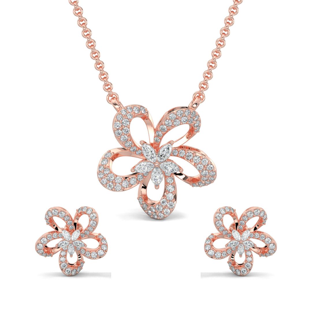 Rose Gold, Diamond Pendant, Natural Diamonds, Lab-grown Diamonds, Petite Flora Diamond Pendant Set, Flower Pendant Set, Casual Jewelry, Diamond Pendant and Earrings Set
