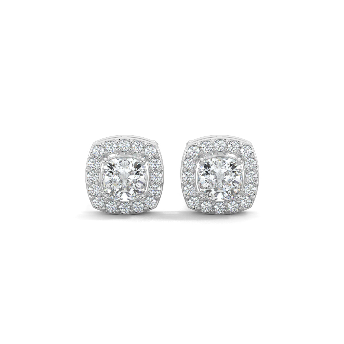 White Gold, Diamond Pendant Set, Natural diamond pendant set, Lab-grown diamond pendant set, Knot-shaped diamond pendant set with emerald-cut center, round diamonds, and small square halo diamond stud earrings