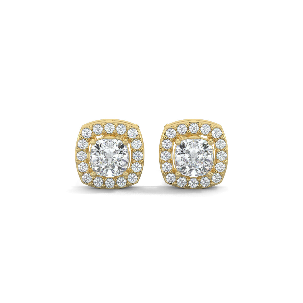 Yellow Gold, Diamond Pendant Set, Natural diamond pendant set, Lab-grown diamond pendant set, Knot-shaped diamond pendant set with emerald-cut center, round diamonds, and small square halo diamond stud earrings
