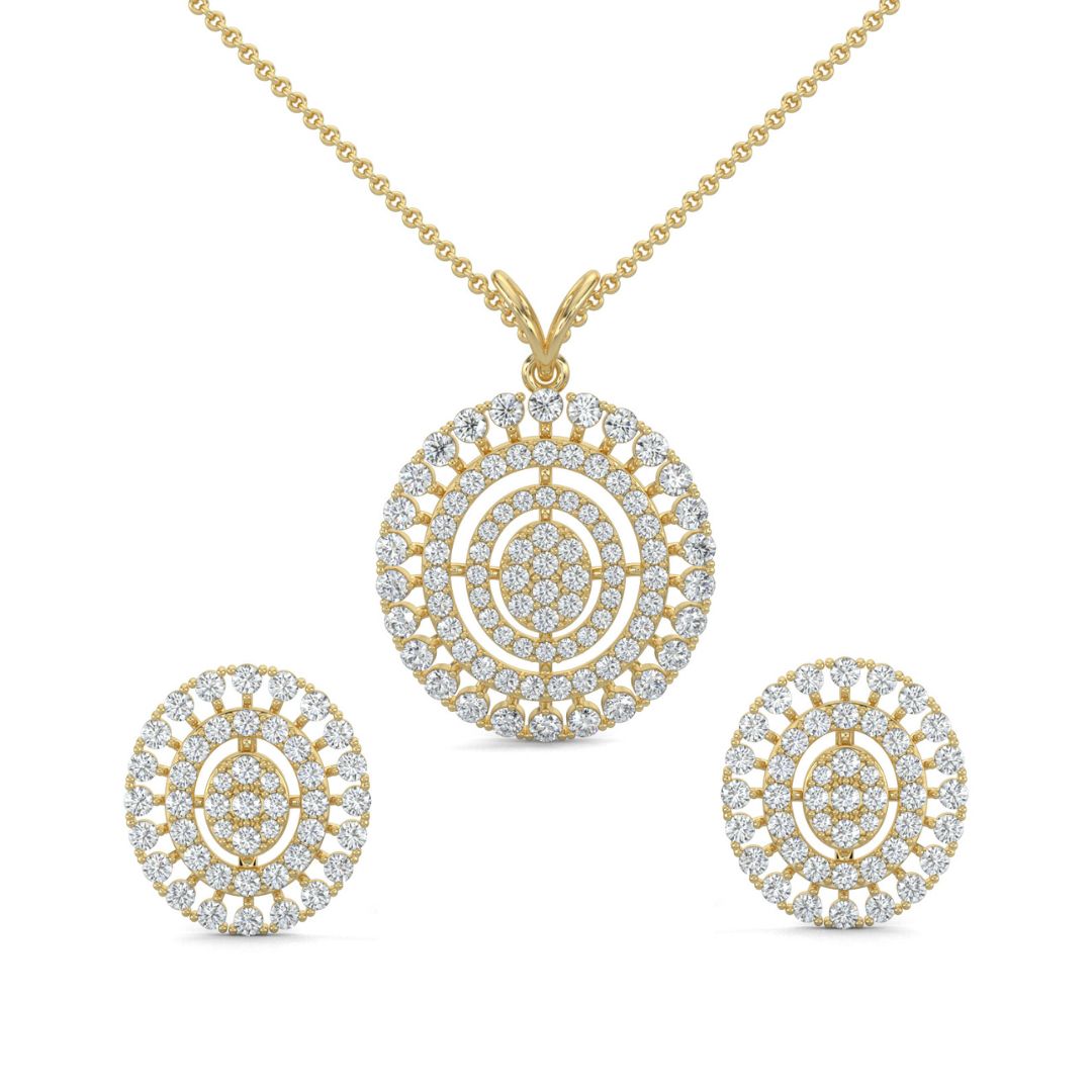 Yellow Gold, Diamond Pendant, Natural Diamonds, Lab-grown Diamonds, Oval diamond pendant, Cascading diamond pendant, Sparkling diamond jewelry set, Elegant diamond earrings