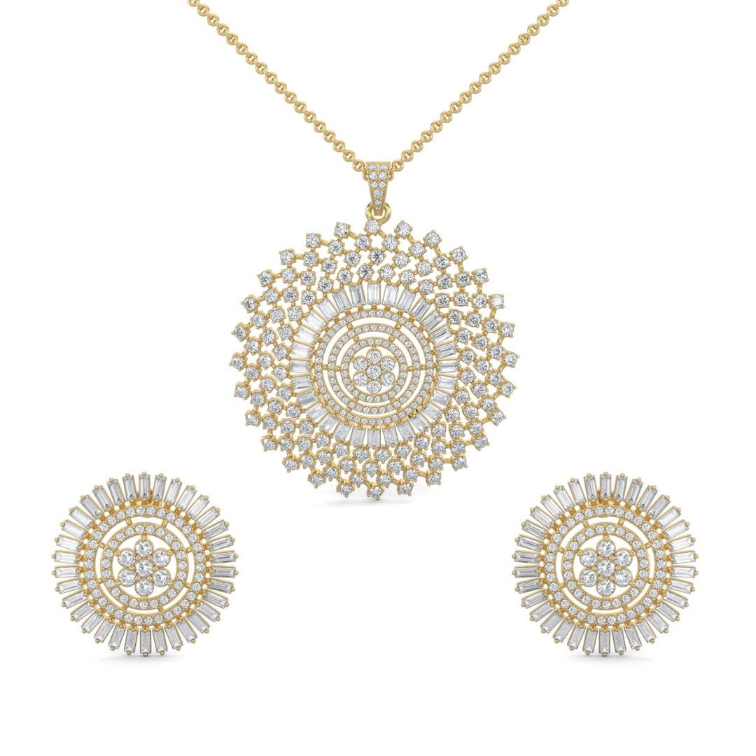 Yellow Gold, Diamond Pendant, Natural Diamonds, Lab-grown Diamonds, Spin Spark pendant set, Casual jewelry set, Round diamond pendant, Baguette pendant, Ground spinner pendant set