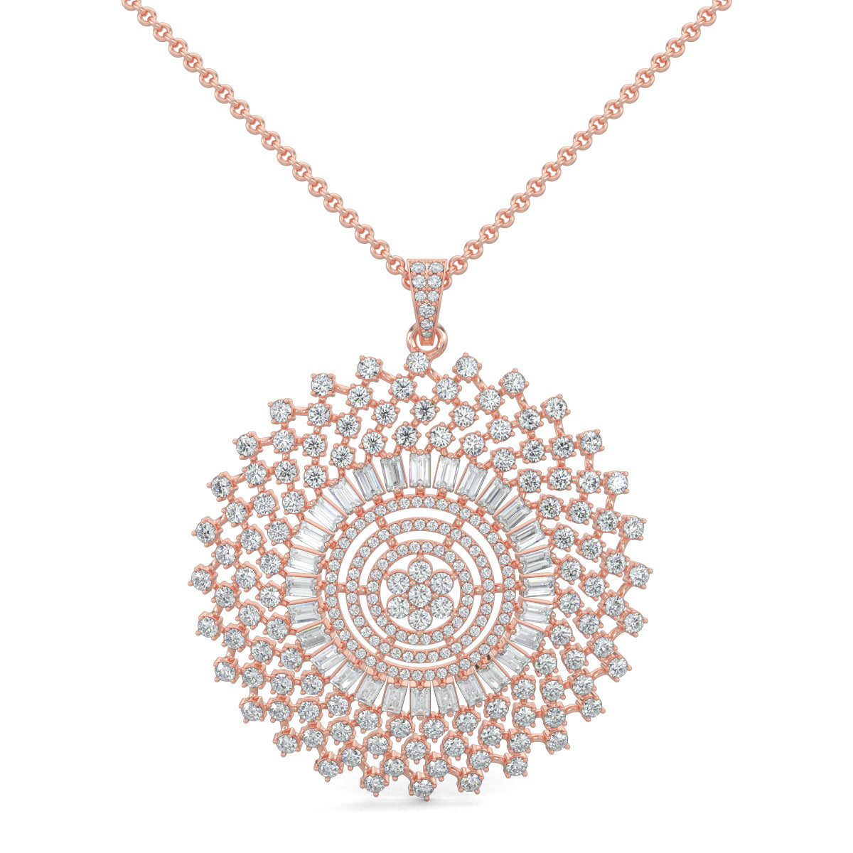 Rose Gold, Diamond Pendant, Natural Diamonds, Lab-grown Diamonds, Spin Spark pendant set, Casual jewelry set, Round diamond pendant, Baguette pendant, Ground spinner pendant set