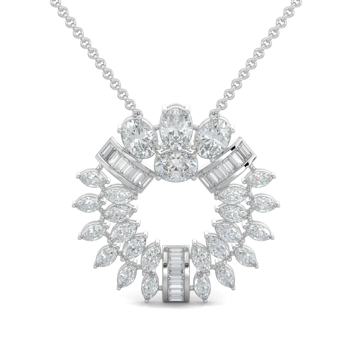 White Gold, Diamond Pendant, Natural Diamonds, Lab-grown Diamonds, Serene Starlight Diamond Pendant Set, Celestial Design, Circle Pendant, Oval Diamonds, Circle Baguette Channeling, Marquise Diamonds, Matching Earrings