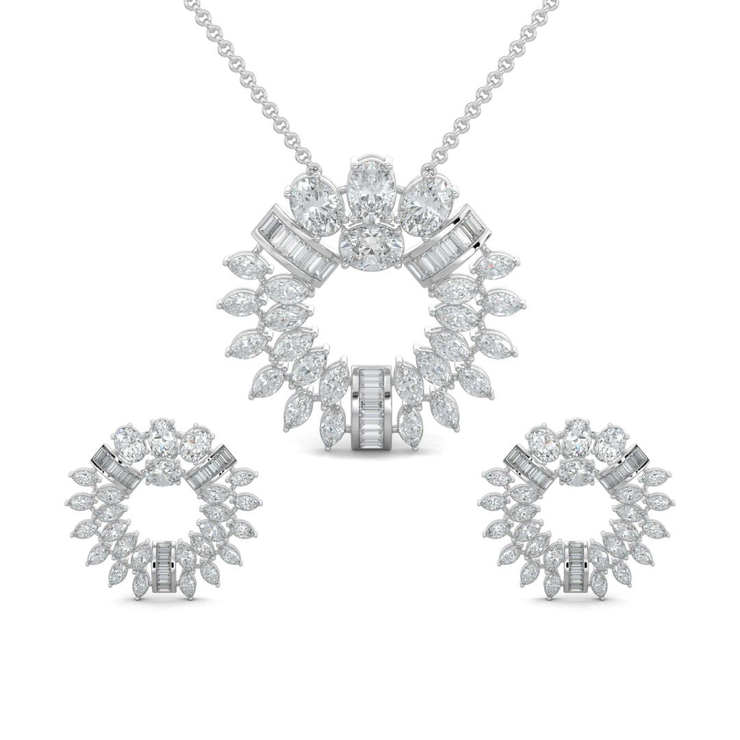 White Gold, Diamond Pendant, Natural Diamonds, Lab-grown Diamonds, Serene Starlight Diamond Pendant Set, Celestial Design, Circle Pendant, Oval Diamonds, Circle Baguette Channeling, Marquise Diamonds, Matching Earrings