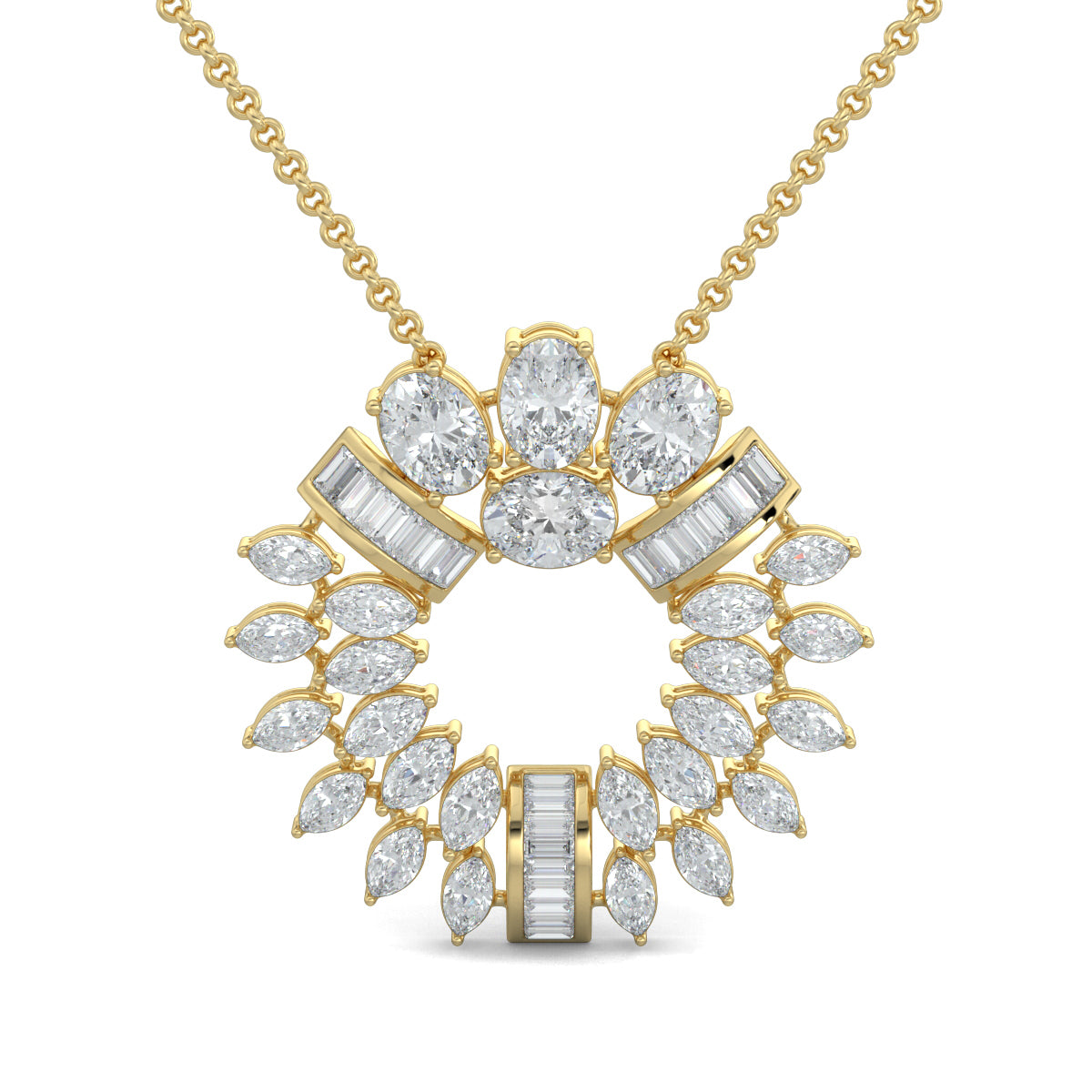 Yellow Gold, Diamond Pendant, Natural Diamonds, Lab-grown Diamonds, Serene Starlight Diamond Pendant Set, Celestial Design, Circle Pendant, Oval Diamonds, Circle Baguette Channeling, Marquise Diamonds, Matching Earrings