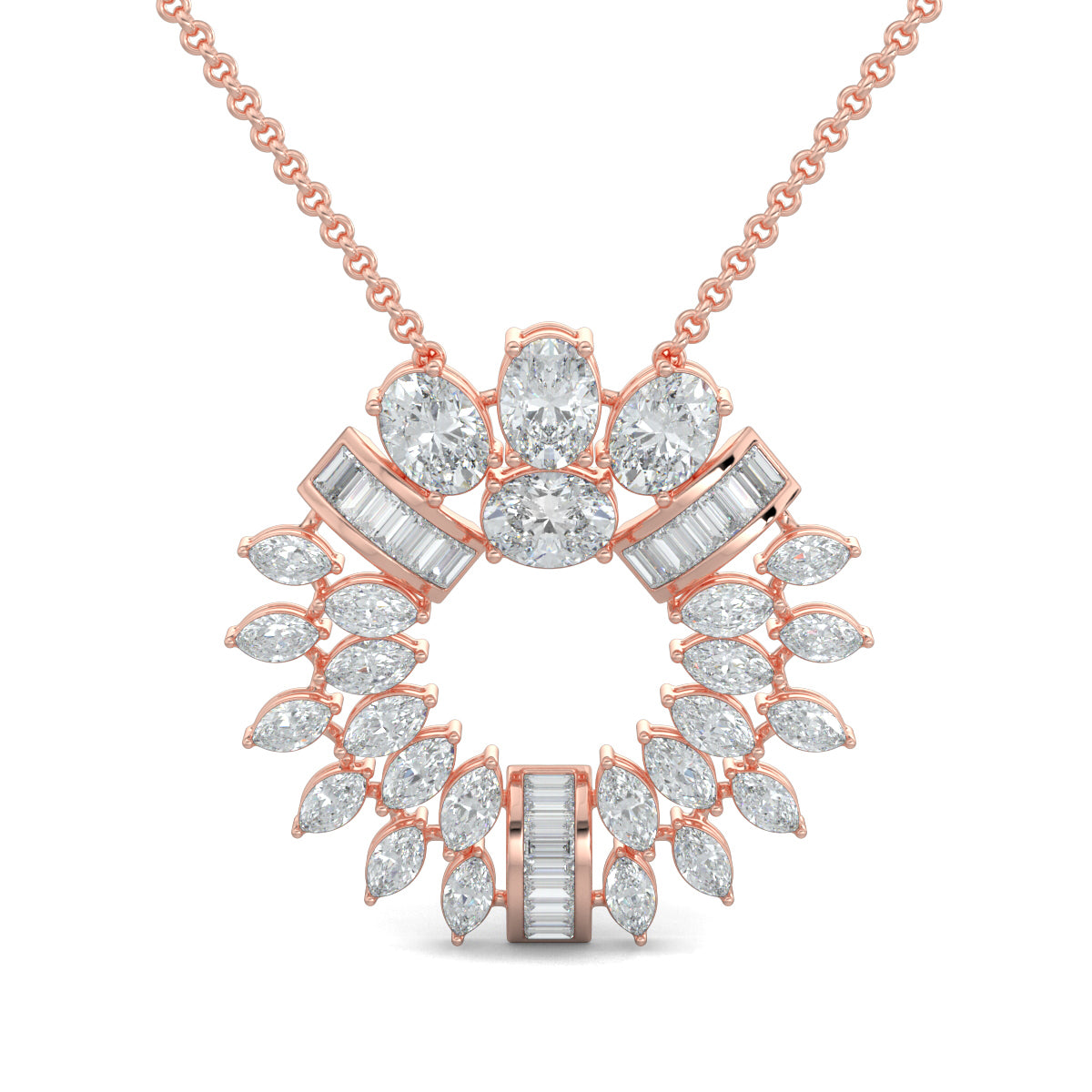 Rose Gold, Diamond Pendant, Natural Diamonds, Lab-grown Diamonds, Serene Starlight Diamond Pendant Set, Celestial Design, Circle Pendant, Oval Diamonds, Circle Baguette Channeling, Marquise Diamonds, Matching Earrings