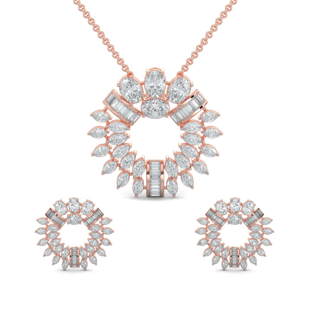 Rose Gold, Diamond Pendant, Natural Diamonds, Lab-grown Diamonds, Serene Starlight Diamond Pendant Set, Celestial Design, Circle Pendant, Oval Diamonds, Circle Baguette Channeling, Marquise Diamonds, Matching Earrings