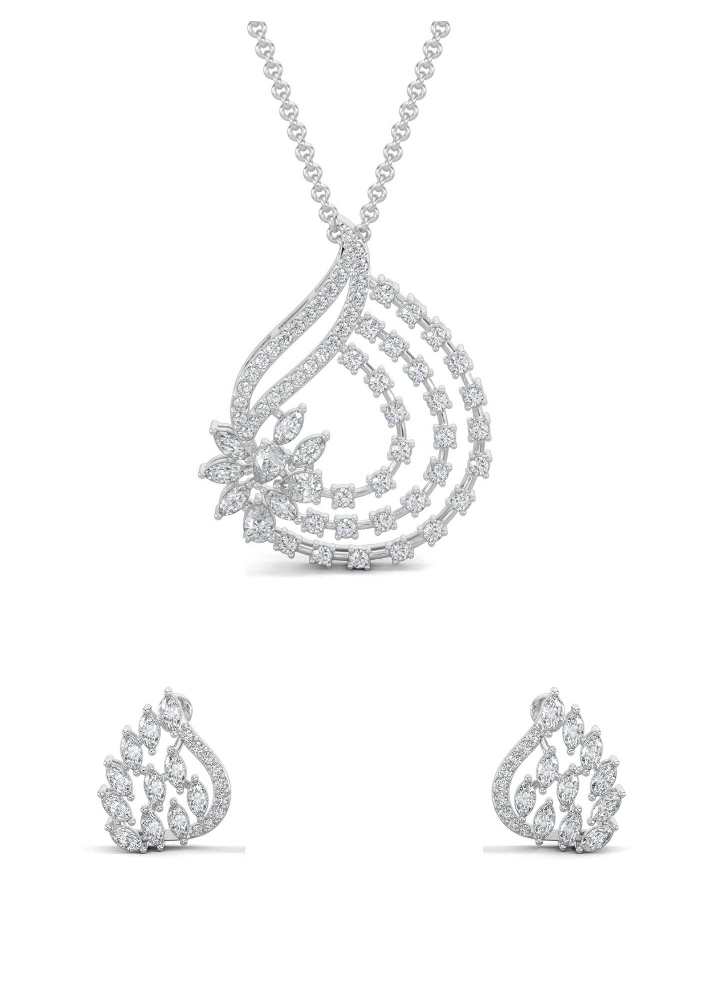 White Gold, Diamond Pendant, Natural Diamonds, Lab-grown Diamonds, serenity leaf pendant set, casual jewelry, round diamond border, stud earrings, elegant jewelry set