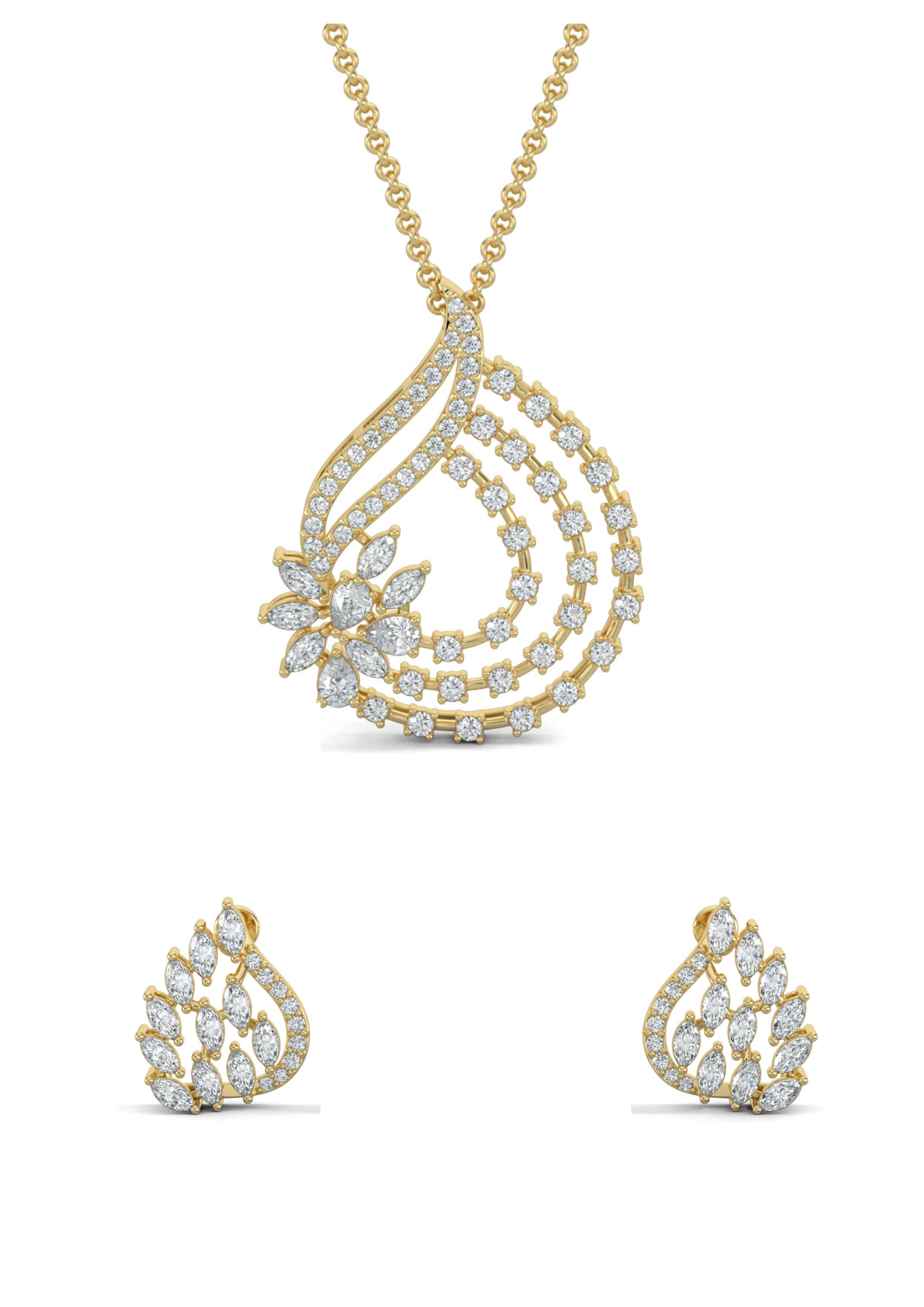 Yellow Gold, Diamond Pendant, Natural Diamonds, Lab-grown Diamonds, serenity leaf pendant set, casual jewelry, round diamond border, stud earrings, elegant jewelry set