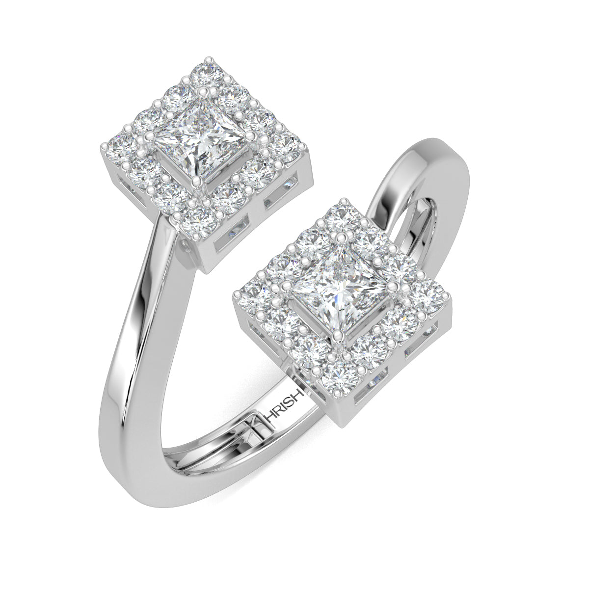 White Gold, Diamond Ring, Princess edge diamond ring, natural diamonds, lab-grown diamonds, everyday ring, pave setting, princess diamond, halo setting, bypass band ring, elegant jewelry.