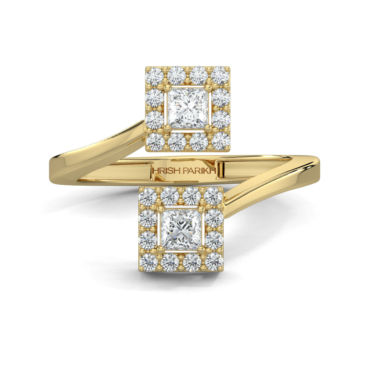Yelllow Gold, Diamond Ring, Princess edge diamond ring, natural diamonds, lab-grown diamonds, everyday ring, pave setting, princess diamond, halo setting, bypass band ring, elegant jewelry.