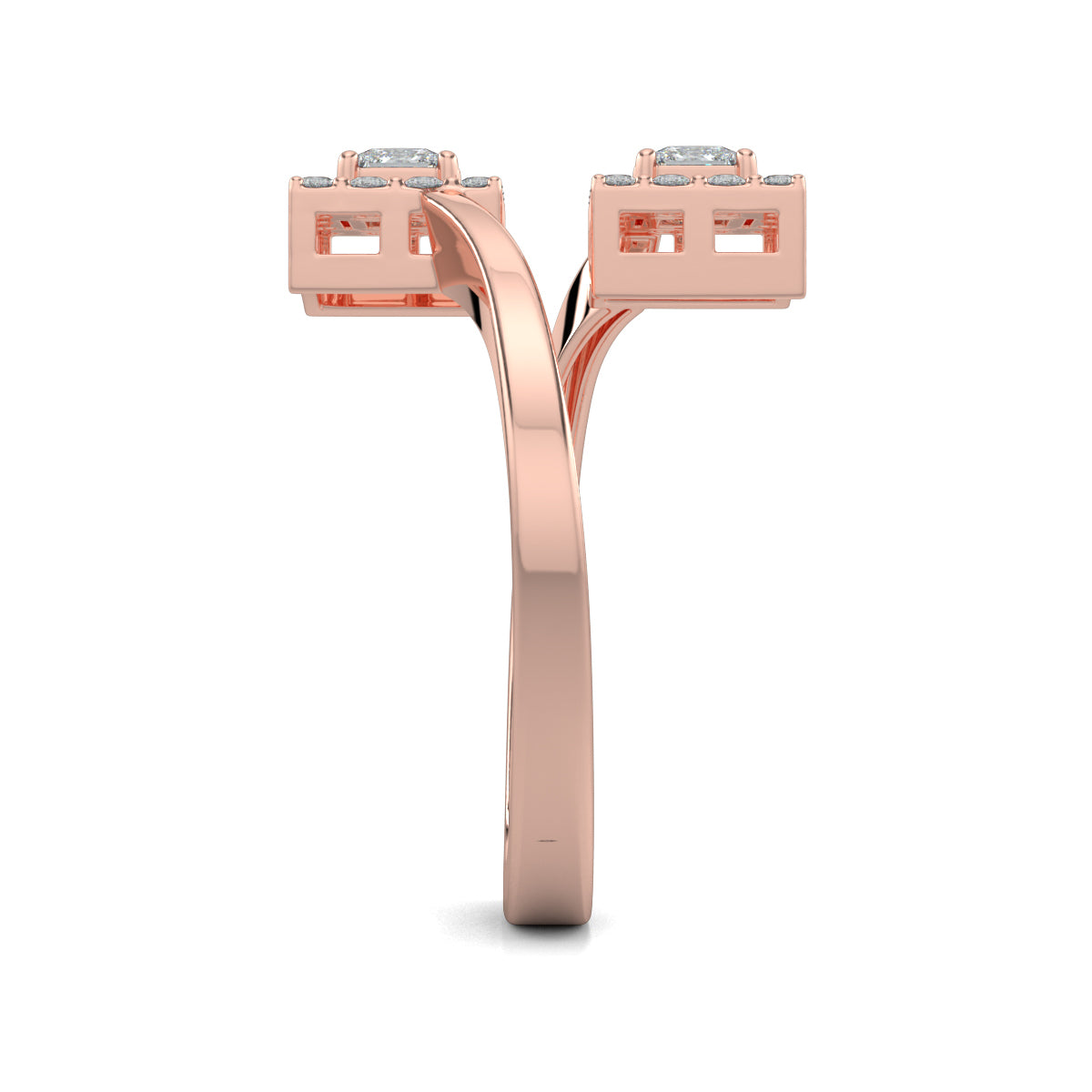 Rose Gold, Diamond Ring, Princess edge diamond ring, natural diamonds, lab-grown diamonds, everyday ring, pave setting, princess diamond, halo setting, bypass band ring, elegant jewelry.