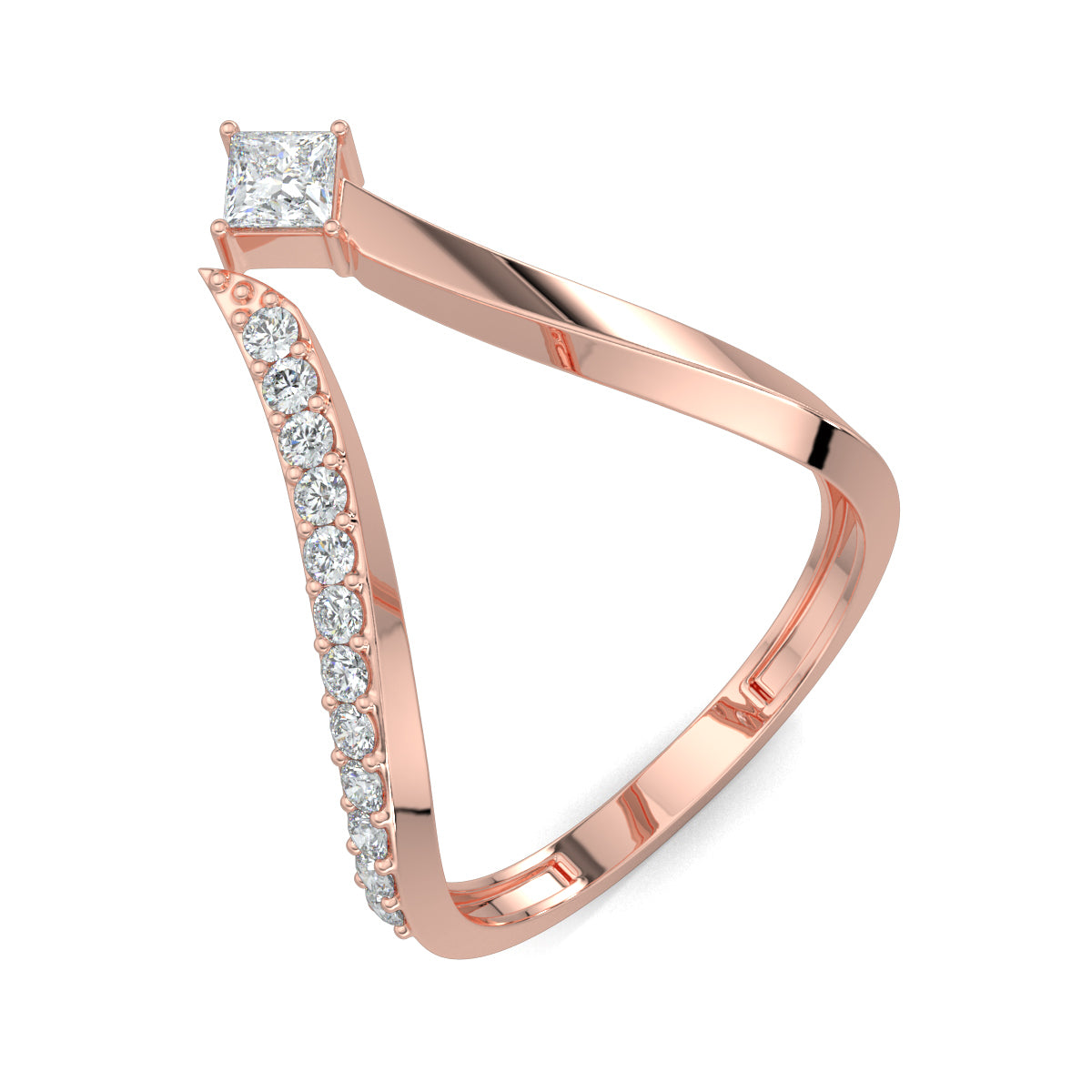 Rose Gold, Diamond Ring, Radiant Embrace Ring, Natural Diamond Ring, Lab-Grown Diamond Ring, Split Shank Band Ring, V-Shaped Ring, Round Diamond Ring, Princess-Cut Diamond Ring, Elegance, Romance, Contemporary Jewelry
