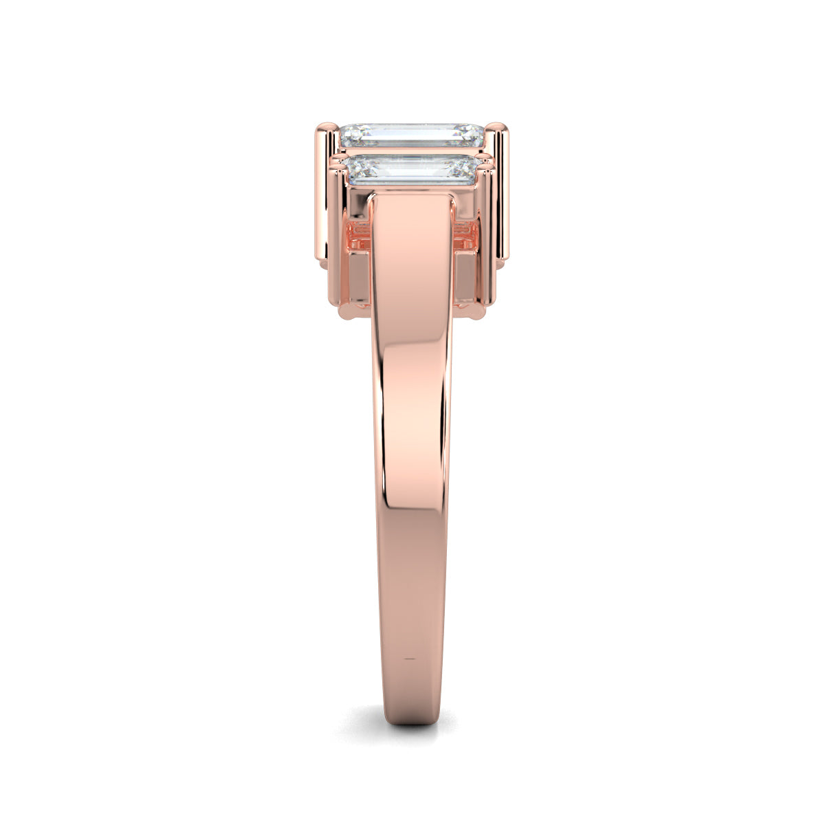 Rose Gold, Diamond Ring, Aurelian Emerald Triad Ring, Natural DIamonds, Lab-Grown Diamonds, Everyday Elegance, Comfort Band, Emerald-Cut Diamonds, Majestic Center Stone, Emerald Gemstones.