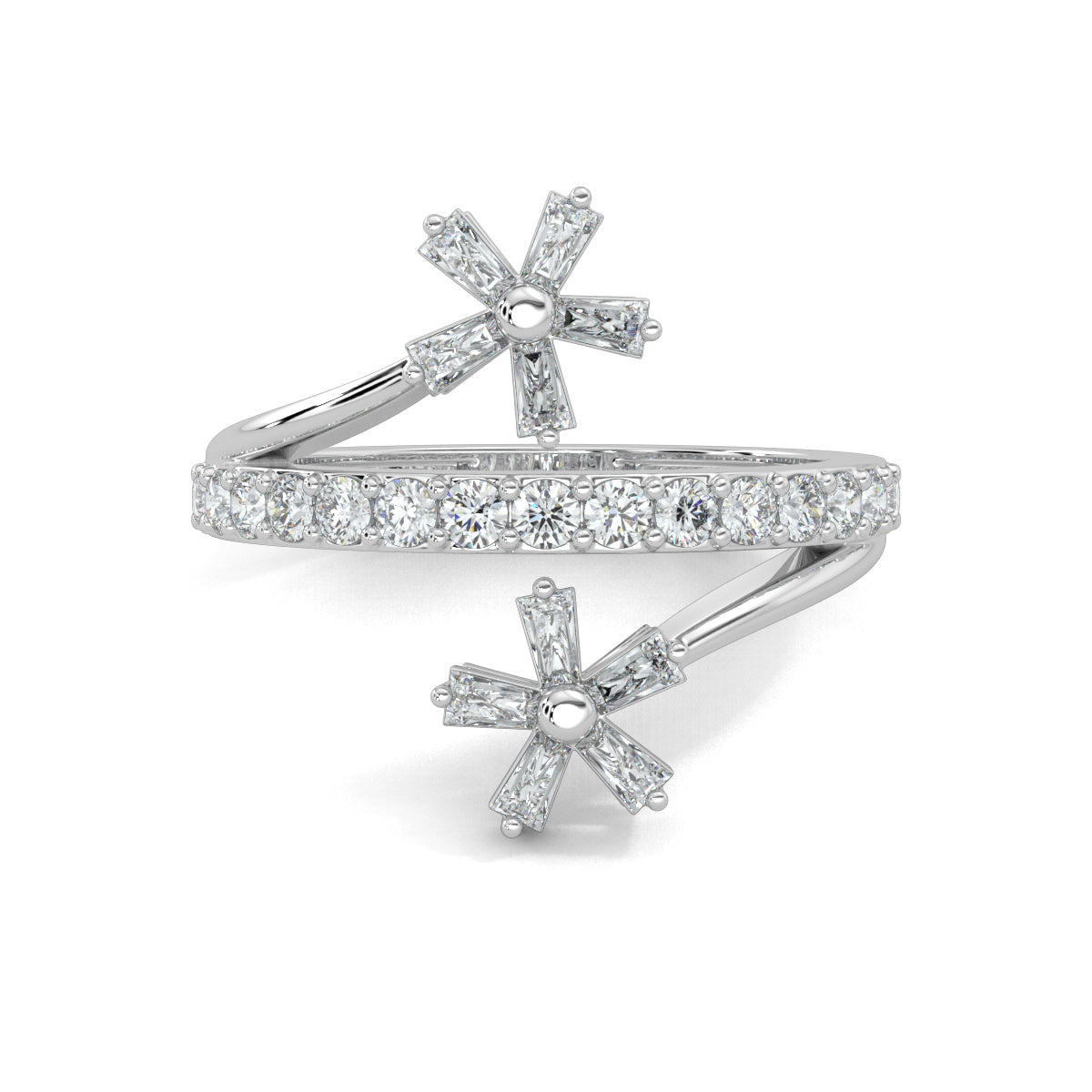 White Gold, Diamond Ring, Natural diamond ring, Lab-grown diamond ring, split shank diamond ring, everyday diamond ring, floral diamond ring, baguette diamond ring, diamond jewelry, luxury ring