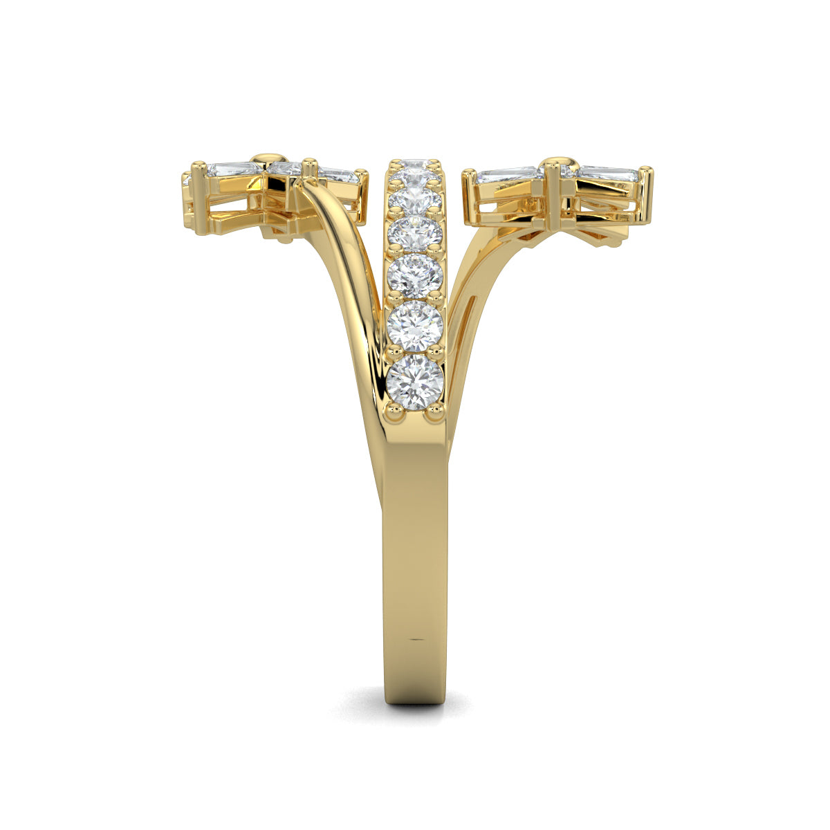 Yellow Gold, Diamond Ring, Natural diamond ring, Lab-grown diamond ring, split shank diamond ring, everyday diamond ring, floral diamond ring, baguette diamond ring, diamond jewelry, luxury ring