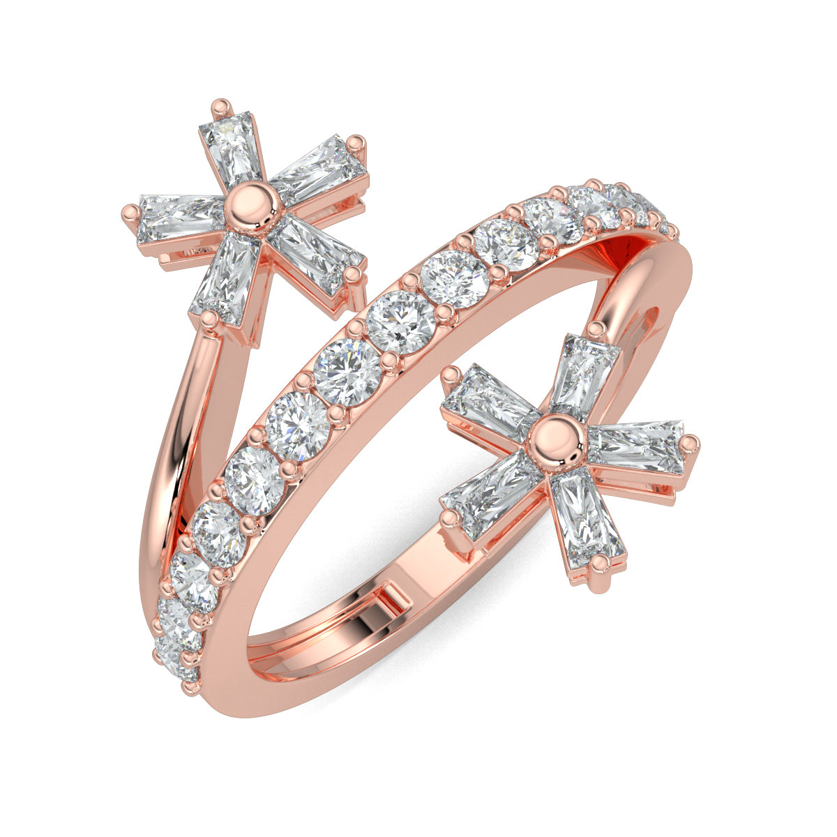 Rose Gold, Diamond Ring, Natural diamond ring, Lab-grown diamond ring, split shank diamond ring, everyday diamond ring, floral diamond ring, baguette diamond ring, diamond jewelry, luxury ring