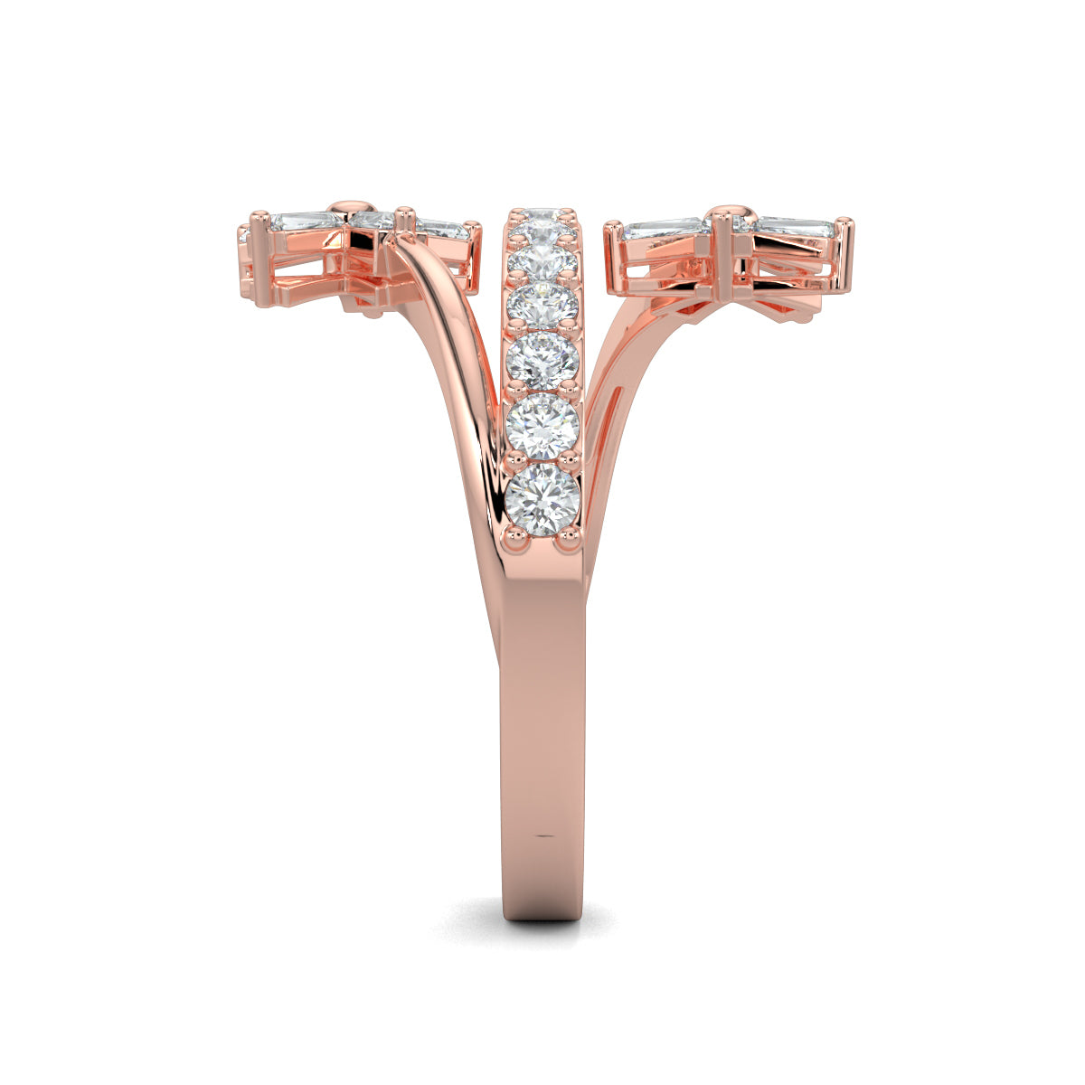 Rose Gold, Diamond Ring, Natural diamond ring, Lab-grown diamond ring, split shank diamond ring, everyday diamond ring, floral diamond ring, baguette diamond ring, diamond jewelry, luxury ring