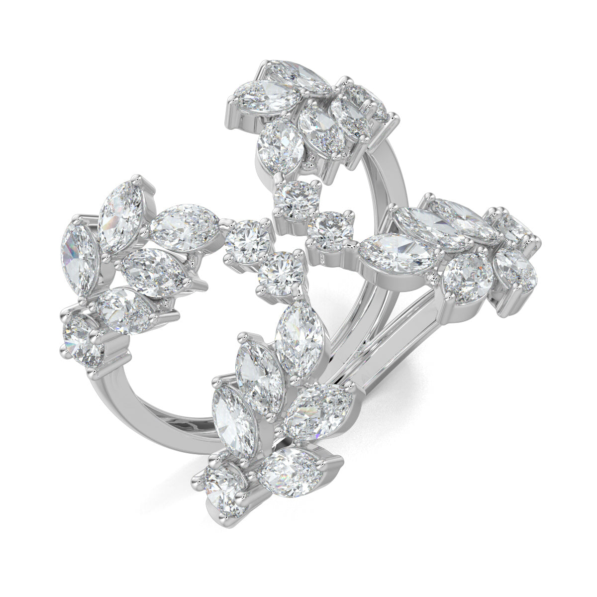 White Gold, Diamond Ring, Natural diamond ring, Lab-grown diamond ring, Split shank diamond ring, Marquise diamonds, Round diamonds, Brilliance Bloom Ring, Sustainable luxury ring, Everyday diamond ring, Diamond cluster ring