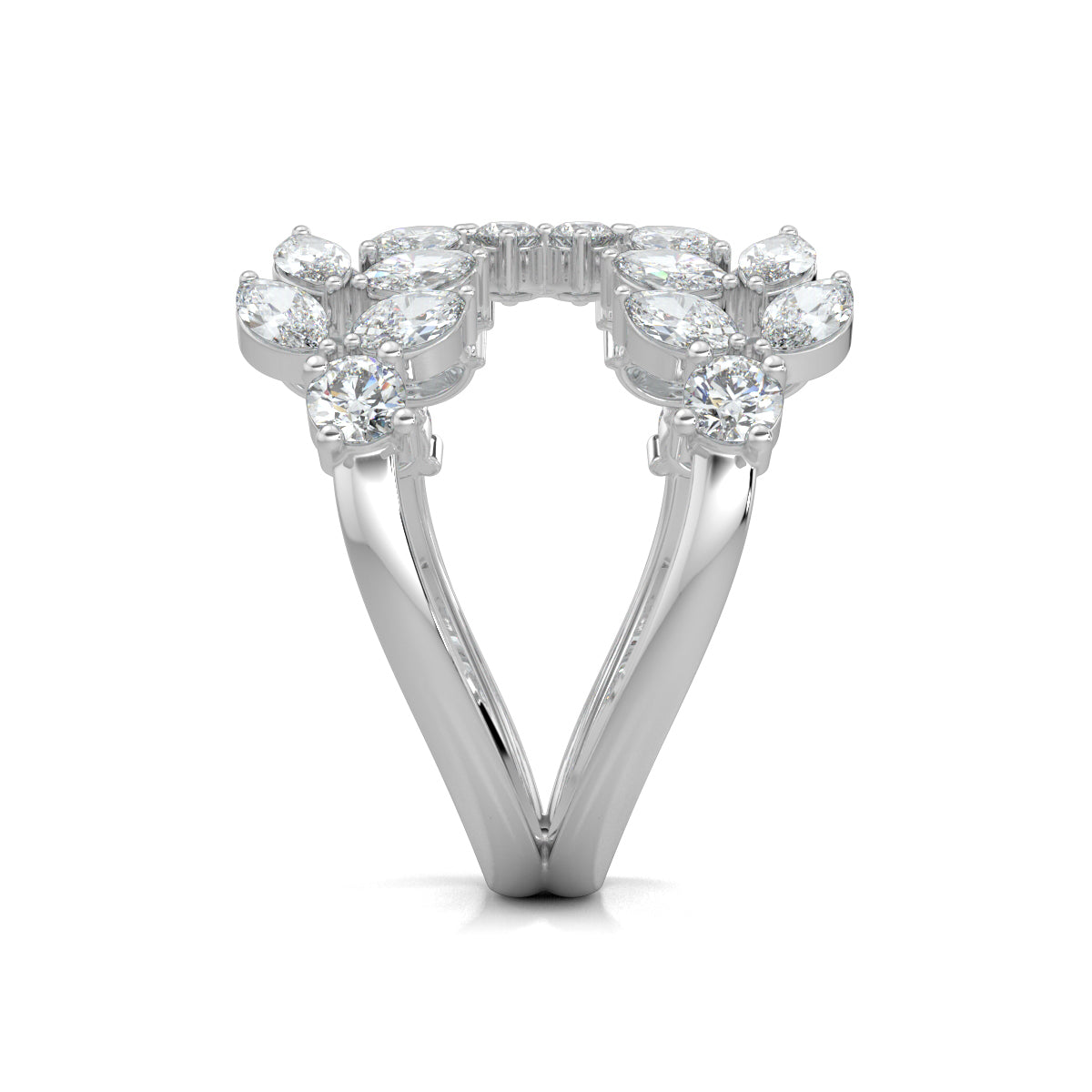 White Gold, Diamond Ring, Natural diamond ring, Lab-grown diamond ring, Split shank diamond ring, Marquise diamonds, Round diamonds, Brilliance Bloom Ring, Sustainable luxury ring, Everyday diamond ring, Diamond cluster ring