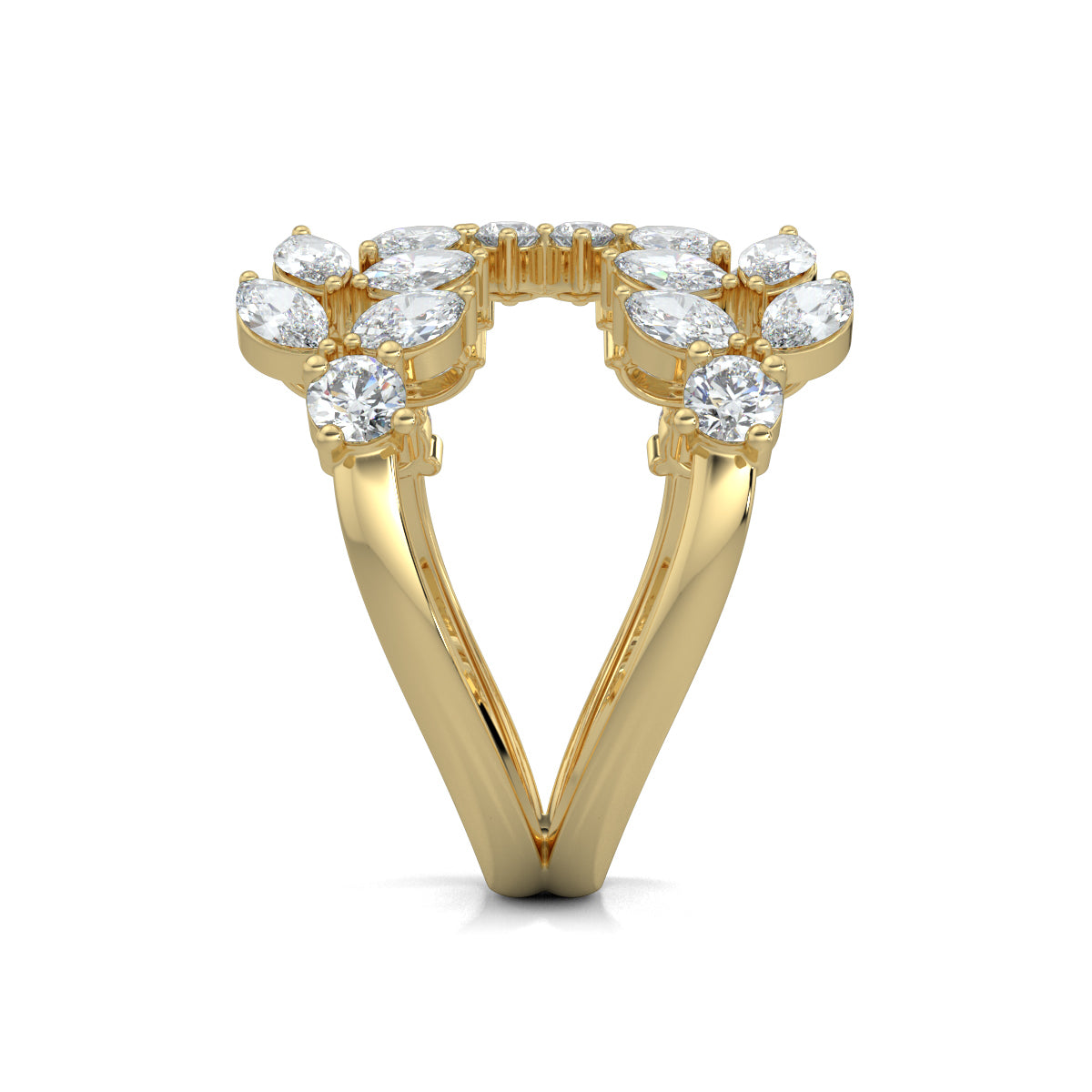 Yellow Gold, Diamond Ring, Natural diamond ring, Lab-grown diamond ring, Split shank diamond ring, Marquise diamonds, Round diamonds, Brilliance Bloom Ring, Sustainable luxury ring, Everyday diamond ring, Diamond cluster ring