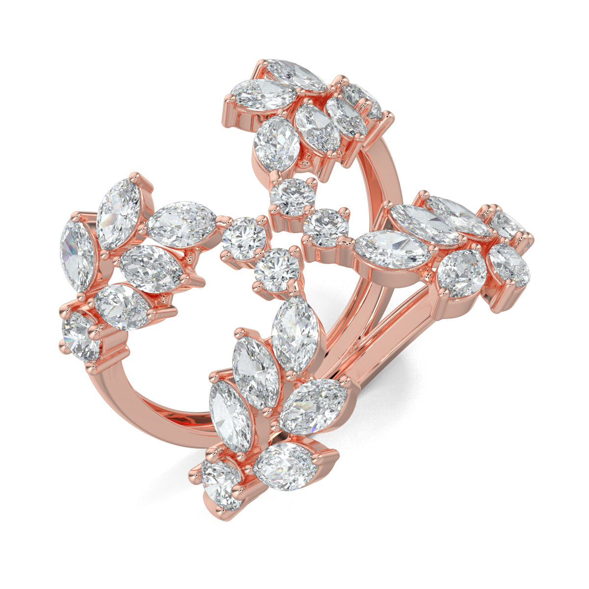 Rose Gold, Diamond Ring, Natural diamond ring, Lab-grown diamond ring, Split shank diamond ring, Marquise diamonds, Round diamonds, Brilliance Bloom Ring, Sustainable luxury ring, Everyday diamond ring, Diamond cluster ring