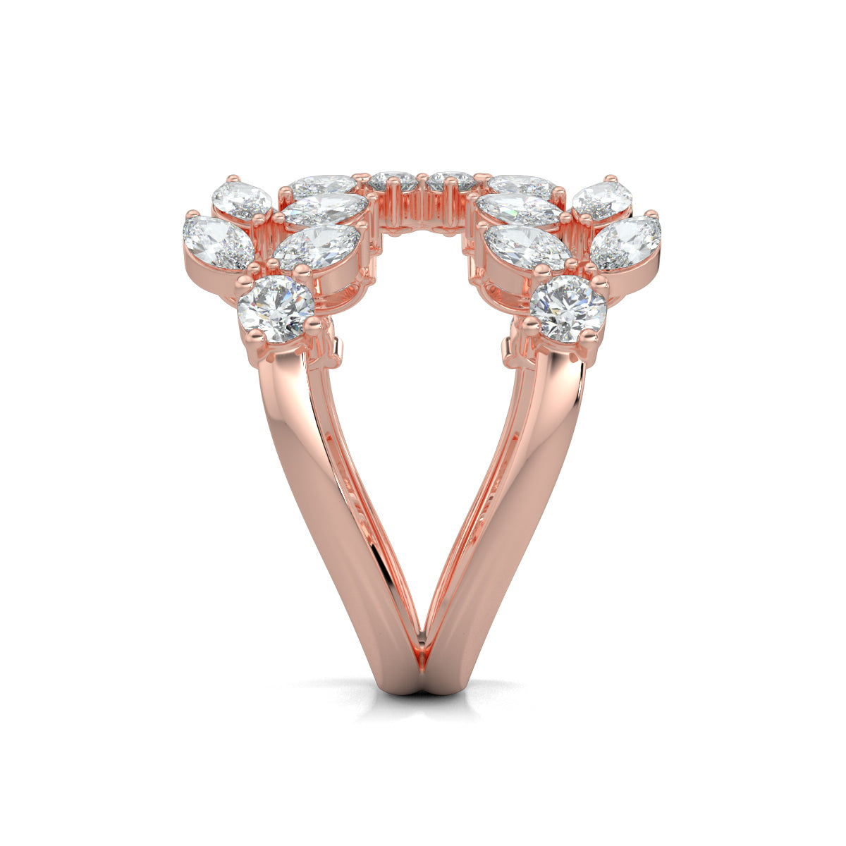 Rose Gold, Diamond Ring, Natural diamond ring, Lab-grown diamond ring, Split shank diamond ring, Marquise diamonds, Round diamonds, Brilliance Bloom Ring, Sustainable luxury ring, Everyday diamond ring, Diamond cluster ring