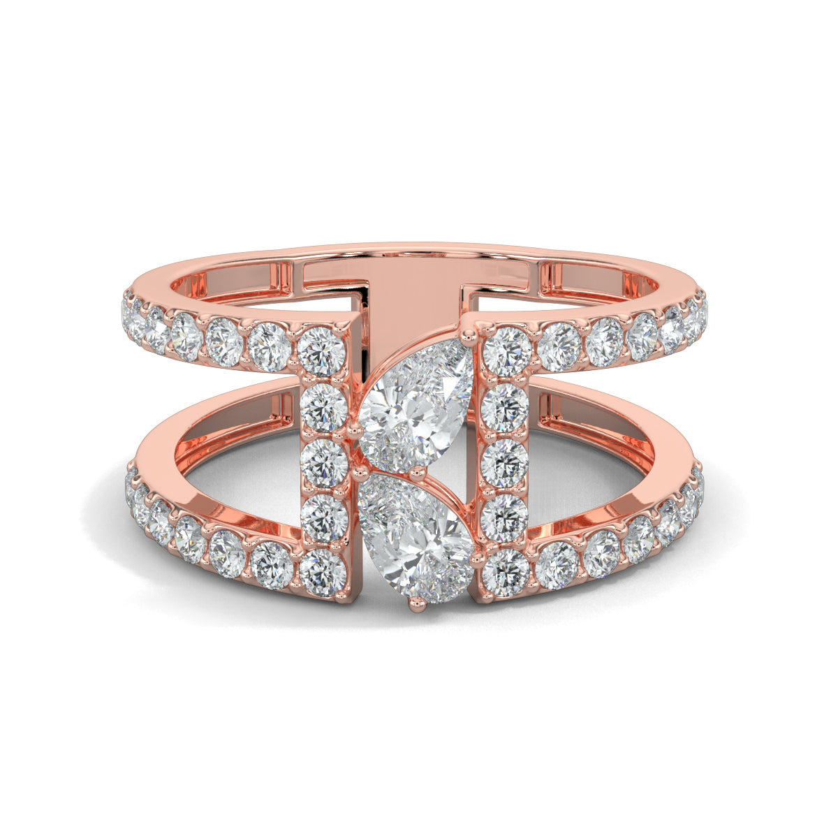 Rose Gold, Diamond Ring, Natural diamond duet ring, Lab-grown diamond duet ring, everyday diamond band, pave set diamond stack ring, pear diamond accent, elegant jewelry accessory