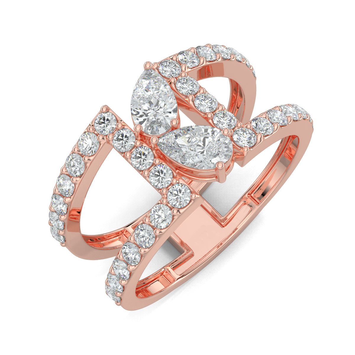 Rose Gold, Diamond Ring, Natural diamond duet ring, Lab-grown diamond duet ring, everyday diamond band, pave set diamond stack ring, pear diamond accent, elegant jewelry accessory