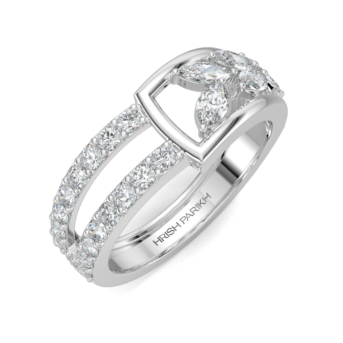 White Gold, Diamond Ring, Natural diamond ring, Lab-grown diamond ring, everyday diamond ring, split shank ring, pave setting, marquise diamonds, unique diamond ring design