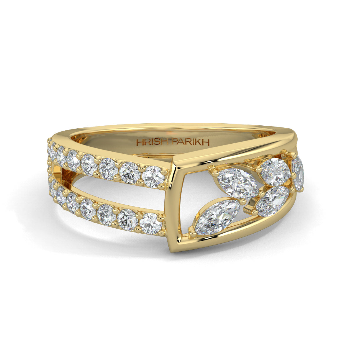 Yellow Gold, Diamond Ring, Natural diamond ring, Lab-grown diamond ring, everyday diamond ring, split shank ring, pave setting, marquise diamonds, unique diamond ring design