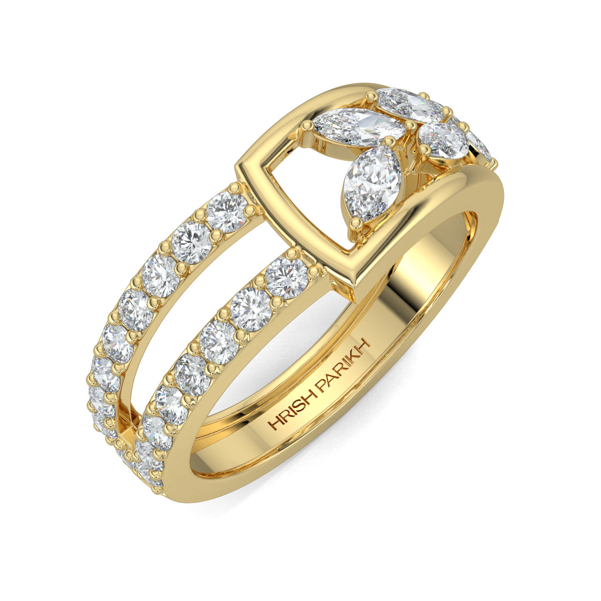 Yellow Gold, Diamond Ring, Natural diamond ring, Lab-grown diamond ring, everyday diamond ring, split shank ring, pave setting, marquise diamonds, unique diamond ring design