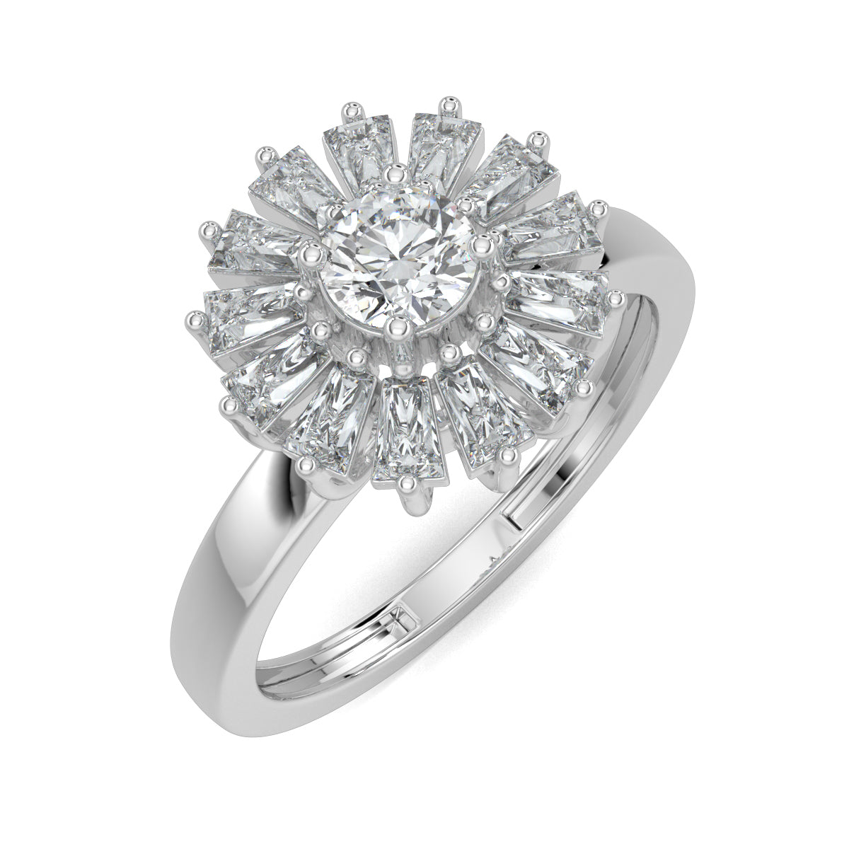 White Gold, Diamond Ring, Natural diamond ring, Lab-grown diamond ring, enchantia floral ring, round diamond ring, baguette diamond ring, floral diamond ring, classic diamond ring, elegant diamond ring, versatile diamond ring