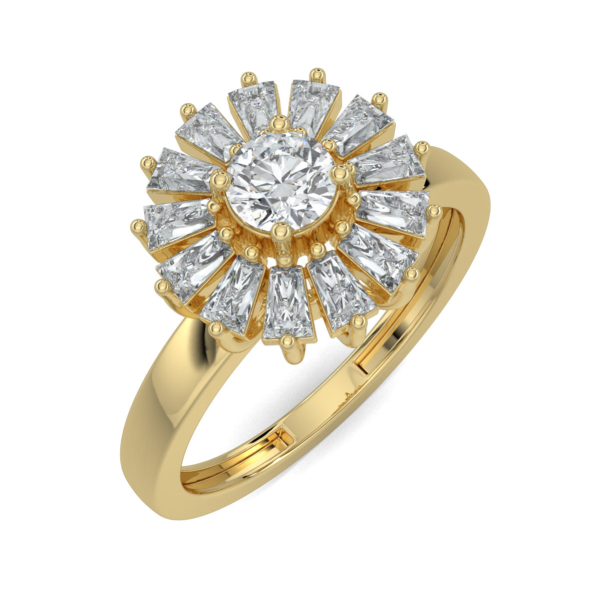Yellow Gold, Diamond Ring, Natural diamond ring, Lab-grown diamond ring, enchantia floral ring, round diamond ring, baguette diamond ring, floral diamond ring, classic diamond ring, elegant diamond ring, versatile diamond ring