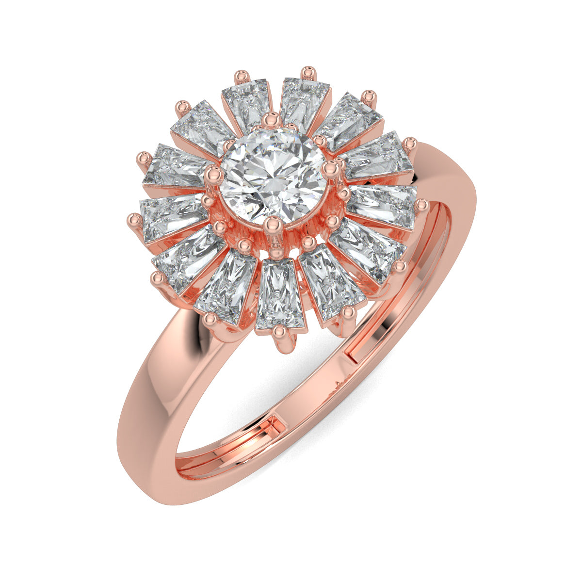 Rose Gold, Diamond Ring, Natural diamond ring, Lab-grown diamond ring, enchantia floral ring, round diamond ring, baguette diamond ring, floral diamond ring, classic diamond ring, elegant diamond ring, versatile diamond ring