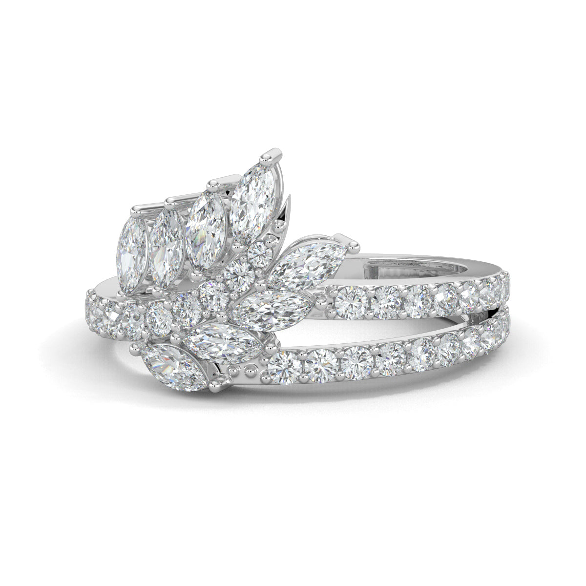 White Gold, Diamond Ring, Natural diamond ring, Lab-grown diamond ring, modern marquise diamond, split shank ring, contemporary diamond ring, round diamond, sustainable luxury jewelry