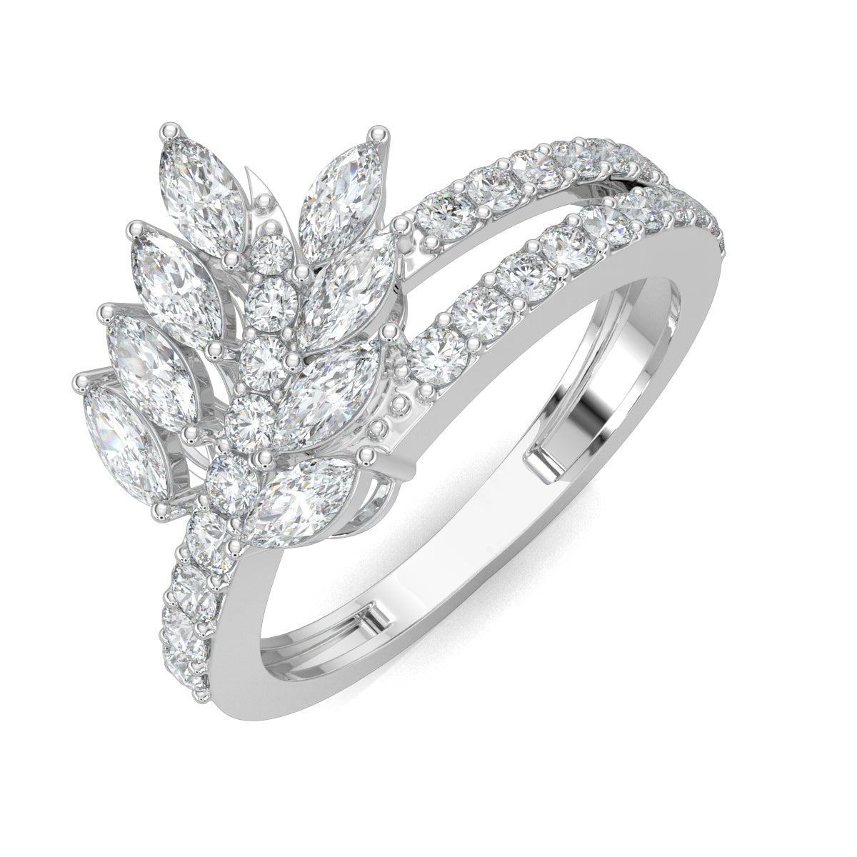 White Gold, Diamond Ring, Natural diamond ring, Lab-grown diamond ring, modern marquise diamond, split shank ring, contemporary diamond ring, round diamond, sustainable luxury jewelry