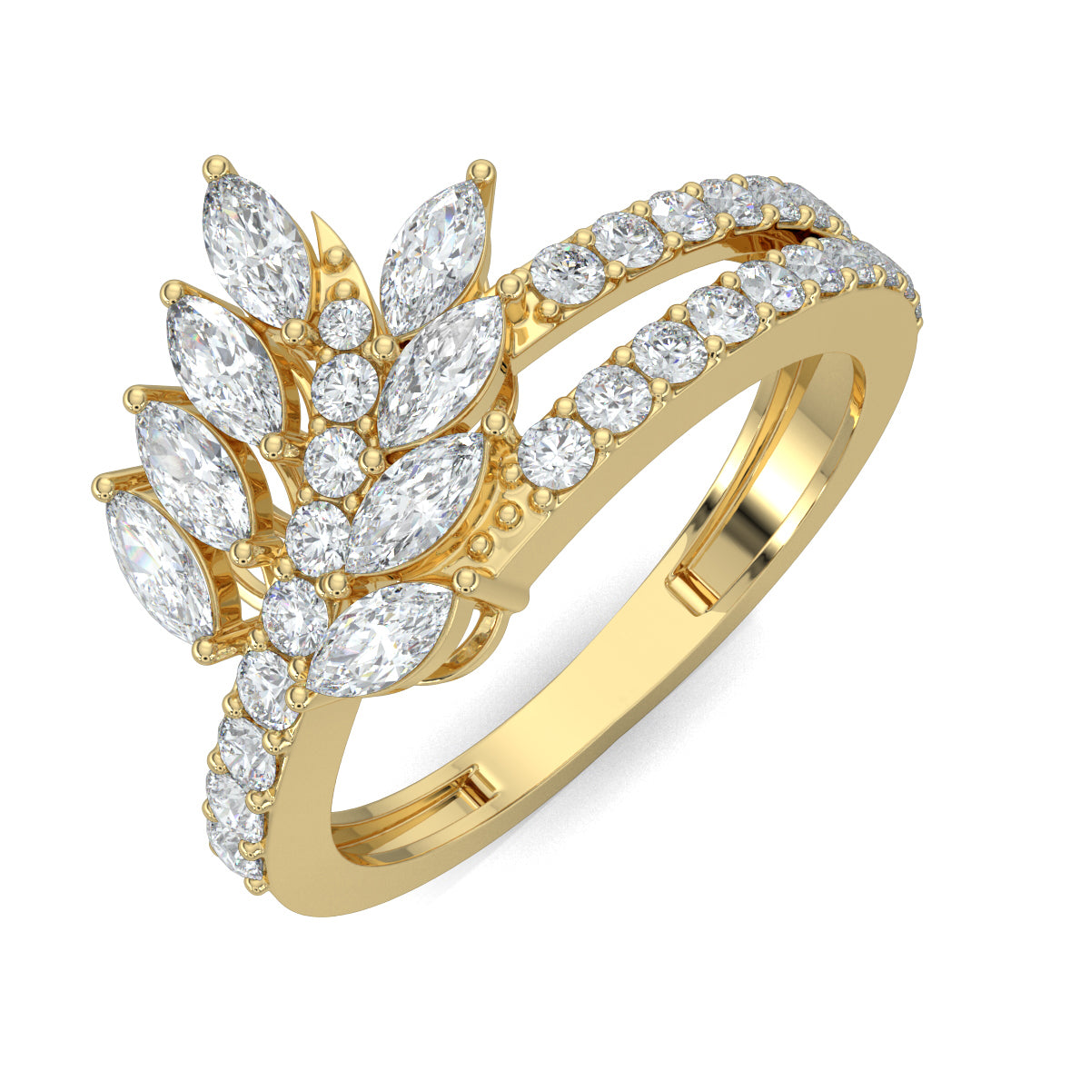 Yellow Gold, Diamond Ring, Natural diamond ring, Lab-grown diamond ring, modern marquise diamond, split shank ring, contemporary diamond ring, round diamond, sustainable luxury jewelry